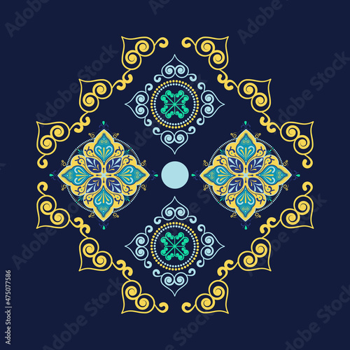 Vector tile pattern, Lisbon flower mosaic, Mediterranean turkish navy blue ornament