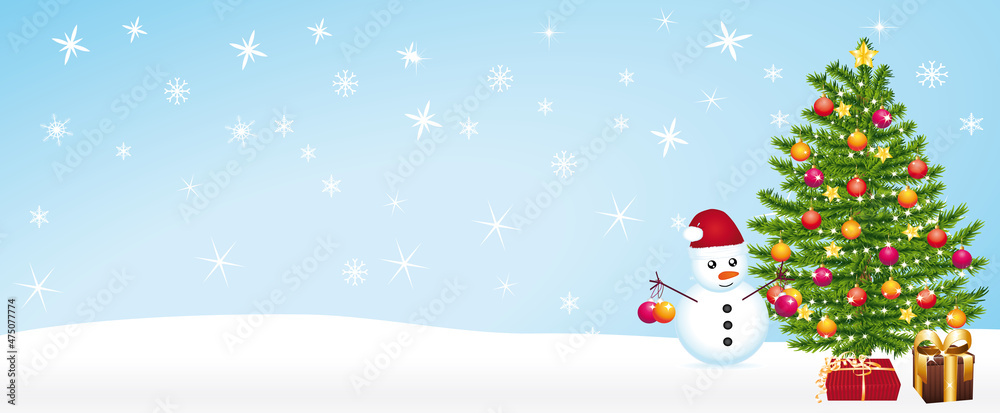 Beautiful christmas banner with snowman and decorate christmas tree. Illustration II.	