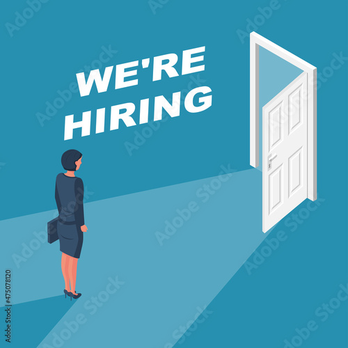 We are hiring concept. Businesswoman stands in front of an open door. Symbol invitation to work. Hiring new staff. Vector illustration flat design. Isolated on white background.