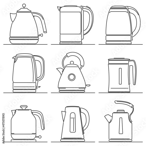 Set of simple vector images of modern electric kettle drawn in art line style.