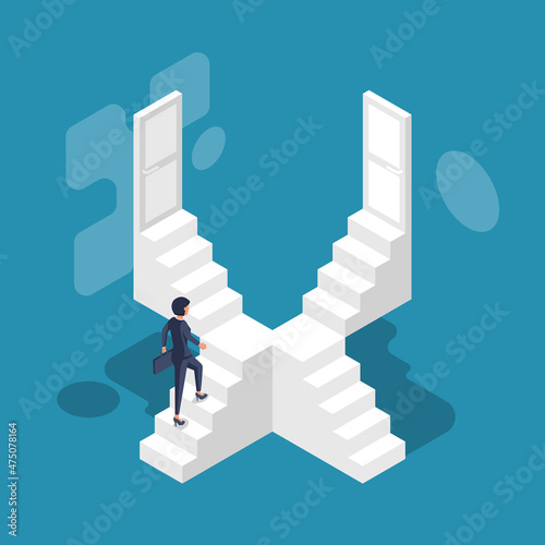Direction way concept. Choice of a businesswoman. Which path to choose. Lots of stairs and doors. Unknown to come. Decision business metaphor. Vector flat style design. Isolated on background.