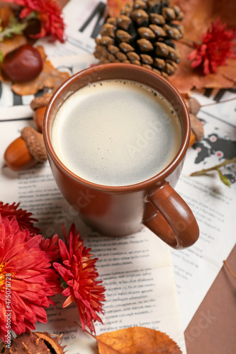 Cup of coffee, flowers and ...