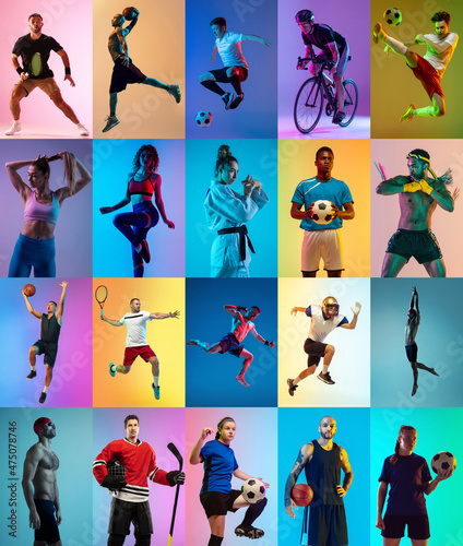 Fototapeta Naklejka Na Ścianę i Meble -  Set of images of different professional sportsmen, fit people in action, motion isolated on multicolor background in neon light.