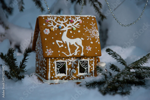 Gingerbread house on a winter background .