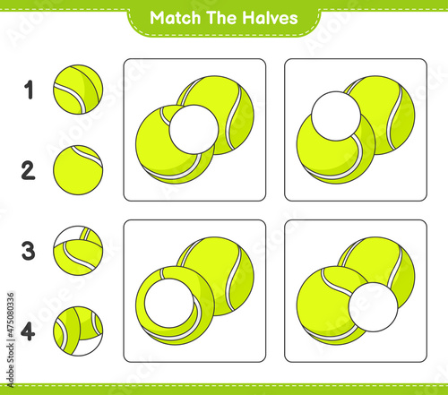 Match the halves. Match halves of Tennis Ball. Educational children game, printable worksheet, vector illustration