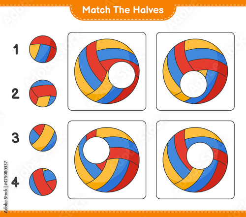 Match the halves. Match halves of Volleyball. Educational children game, printable worksheet, vector illustration