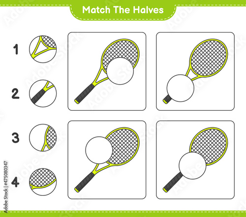 Match the halves. Match halves of Tennis Racket. Educational children game, printable worksheet, vector illustration