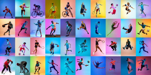 Set of images of different professional sportsmen, fit people in action, motion isolated on multicolor background in neon light.