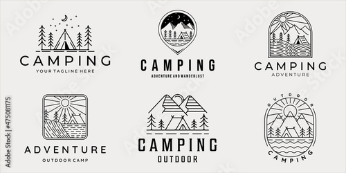 Photo set of camping logo line art simple minimalist vector illustration template icon graphic design
