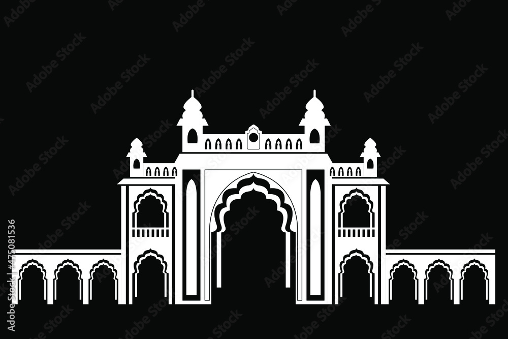 Obraz premium Entrance to the Indian Palace, flat illustration in black and white colors, isolated on black background