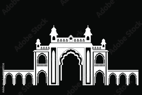 Entrance to the Indian Palace, flat illustration in black and white colors, isolated on black background