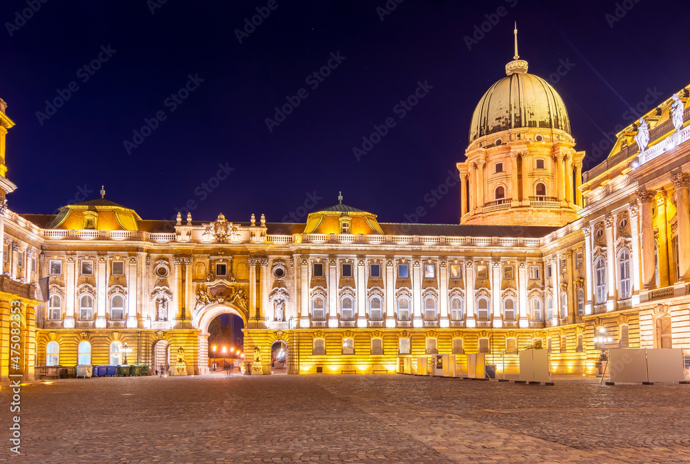 Royal Palace of Buda courtyard at night, Budapest, Hungary