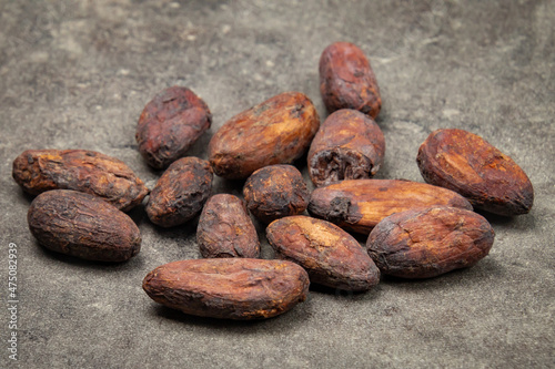 fèves de cacao brunes grillées sur fond de pierre, concept d'alimentation saine photo