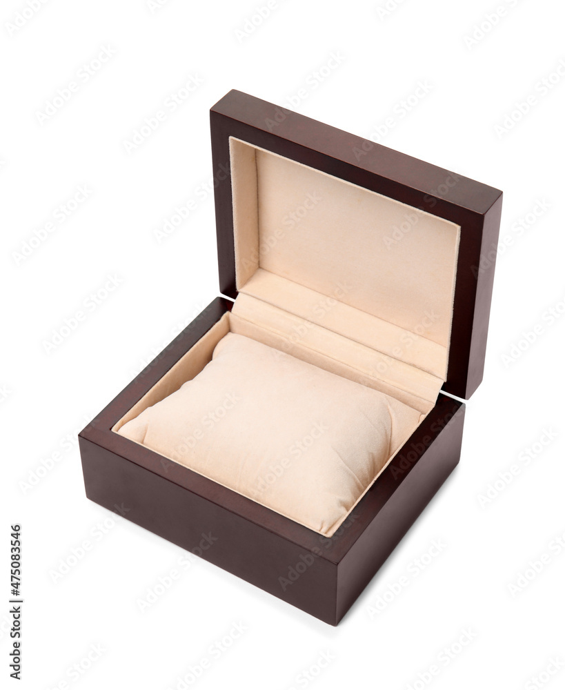 Empty stylish watch box isolated on white Empty stylish watch box isolated on white