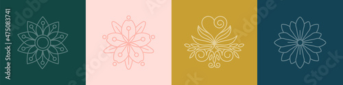 Vector line minimal decoration design elements set - rose flower and botanical leaves illustrations minimal linear style