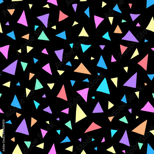 Colorful bright abstract seamless pattern with hand drawn triangles. Endless texture with neon colored triangular element on black background. Decor, wrapping, cover, wallpaper. Vector illustration.