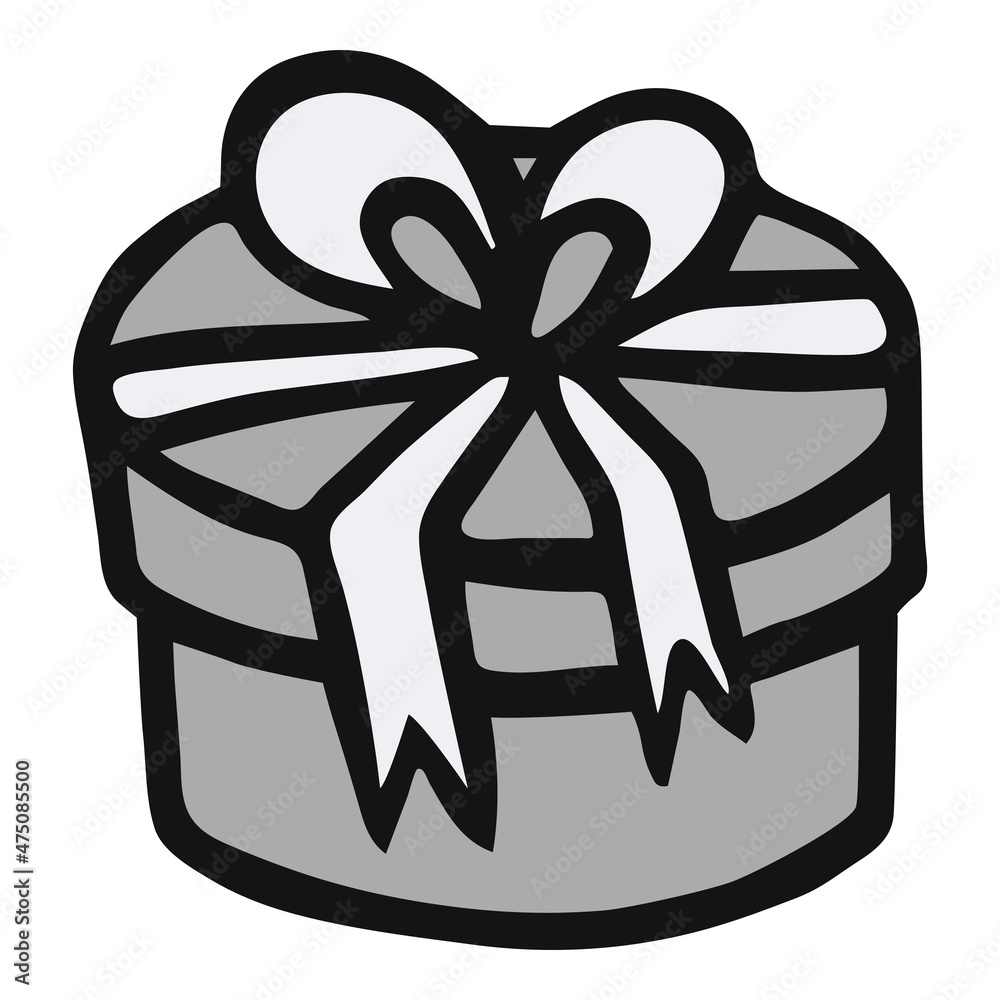 Gray silver round gift box with ribbon hand drawn doodle illustration Gray silver round gift box with ribbon hand drawn doodle illustration