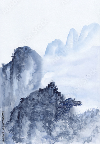 Watercolor painting with blue asian mountains. Vertical oriental peaceful landscape. Concept for print, card, relaxation, serene meditation background. Artwork in traditional Chinese Ink style.
