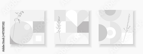 A set of covers in gray and white colors with geometric shapes and field grass. Modern design for web screensavers in an ultra modern style.