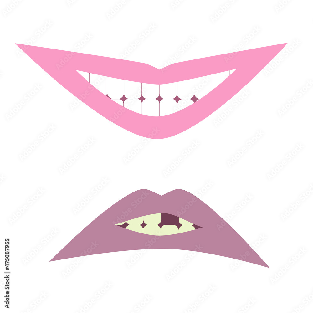 Mouth with white, healthy, even teeth and diseased, yellow, falling out. Vector illustration. Mouth with white, healthy, even teeth and diseased, yellow, falling out. Vector illustration.