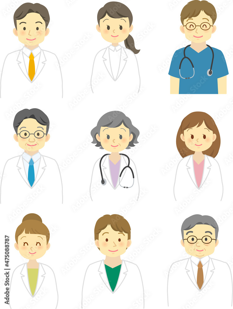 人物イラスト素材：医療現場で働く白衣や手術着を着た医療従事者（男女正面/上半身）　20代～シニア
