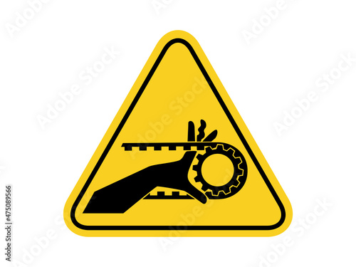 isolated watch out hand placard, common hazardous symbols on yellow round triangle board warning sign for icon, label, logo or package industry etc. flat style vector design.