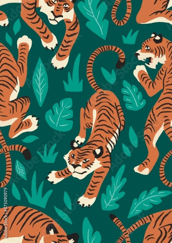 Hand drawing Doodle Freehand Tiger in Jungle Vertical Seamless Pattern. Use for poster  textile  fabric  design  pattern  shop  illustration