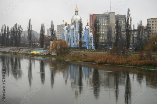 Greek Catholic Church of Blessed Virgin Mary over the river Southern Bug in Vinnytsia, Ukraine. December 2021