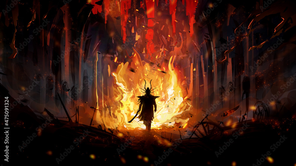 Naklejka premium Evil knight in a horned helmet slowly walks with a curved sword through a burning ruined city with black Gothic buildings. Debris of ruins with flying ashes and sparks is everywhere 2d oil art