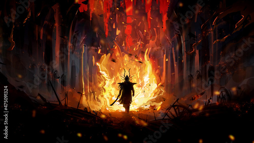 Fotografering Evil knight in a horned helmet slowly walks with a curved sword through a burning ruined city with black Gothic buildings