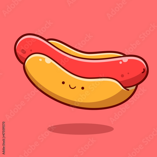 Kawaii hotdog illustration. Cute happy smiling hotdog. Vector flat cartoon character illustration. Fast food concept.