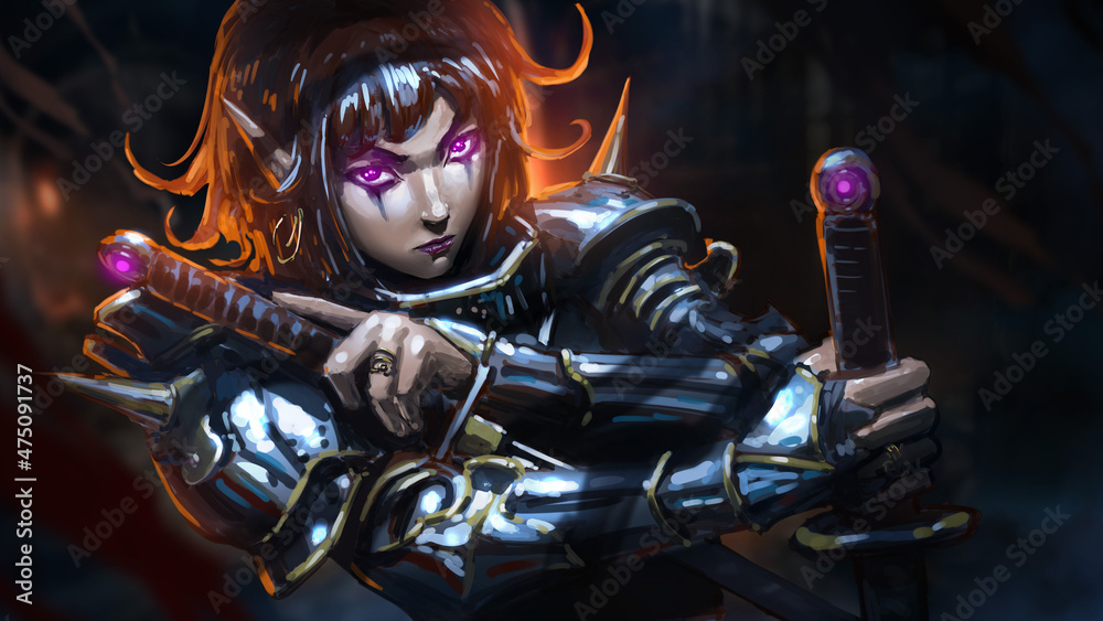 A sweet but harsh dark elf girl with purple magical eyes in shiny plate ...