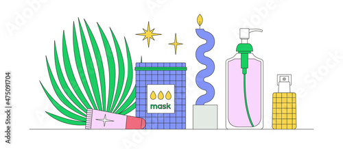 Banner with still life with beauty products, tropical leaf and candle. Skin care and self care concept. Online shopping. Korean cosmetics. Daily beauty routine. Vector illustration.