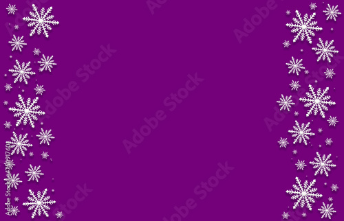 Winter magenta purple crimson lilac rose pink saturated bright background with white snowflakes on two sides. This is a wonderful card for congratulation, party, message for Christmas, New Year.