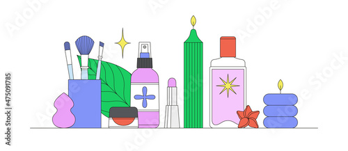 Vector illustration with beauty products, tropical leaf and candle. Online shopping, Korean cosmetics. Daily beauty routine. Can be used be used in articles, banners, social media publications etc.