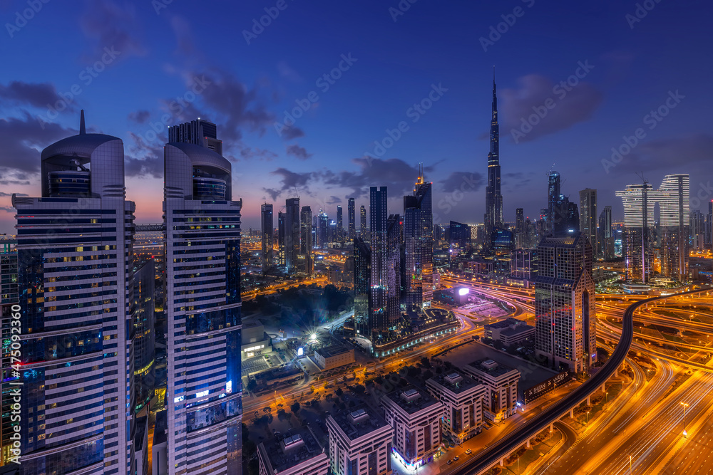 Dubai skyline with beautiful city close to busiest highway of Dubai