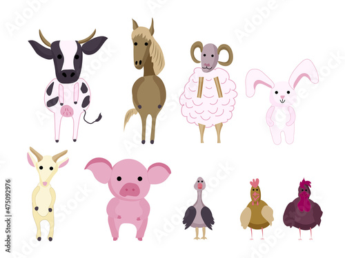 Farm animals set isolated on white background. Cute cartoon character - sheep  cow  horse  pig   goose  chicken  horse  bunny. Vector flat design illustration