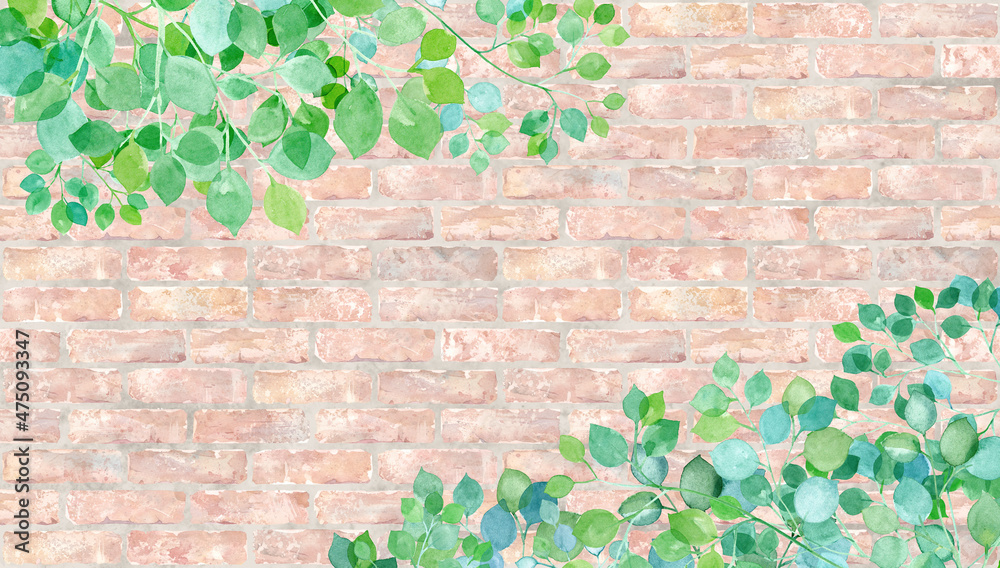 ナチュラルなレンガの壁を背景にした新緑の水彩イラスト 春のボタニカル装飾フレーム 背景 壁紙 Stock Illustration Adobe Stock