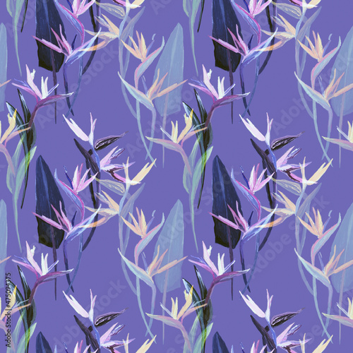 Fototapeta Naklejka Na Ścianę i Meble -  Seamless pattern, tropical paradise flowers, paper texture, pastel texture, pencil, drawing.