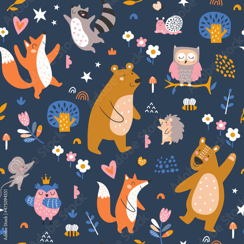 Seamless childish pattern with cartoon fox, bear, racoon, owl, bunny, mouse and forest elements. Creative kids texture for fabric, wrapping, textile, wallpaper, apparel. Vector illustration © Angelina De Sol