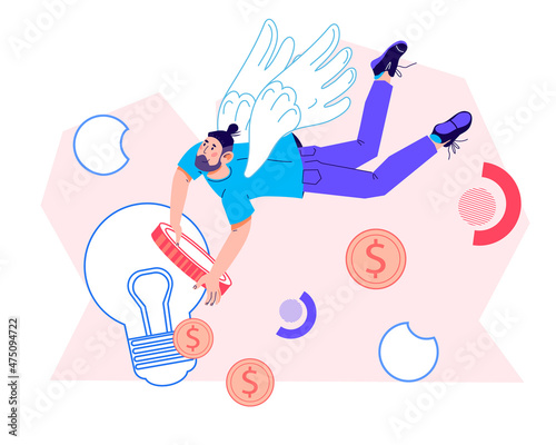 Business investment and Entrepreneurship support fund concept with Angel investor bringing money to startup or innovation, flat cartoon vector illustration isolated on white background.
