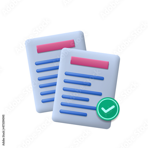 Documents icon of paper sheets approved document. 3d paper corporate Business icon.