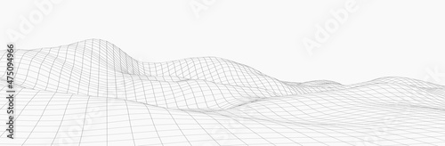 Wireframe landscape background. Detailed lines on white background. Vector illustration.
