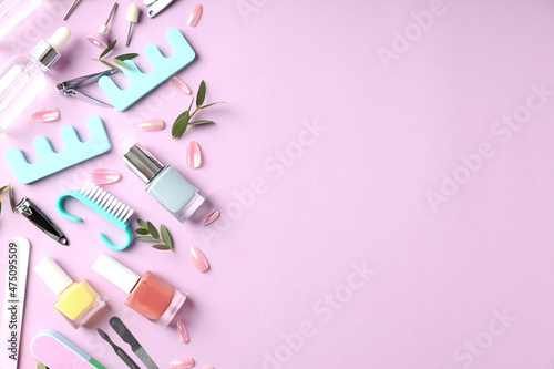 Canvastavla Concept of nail care with manicure accessories on pink background