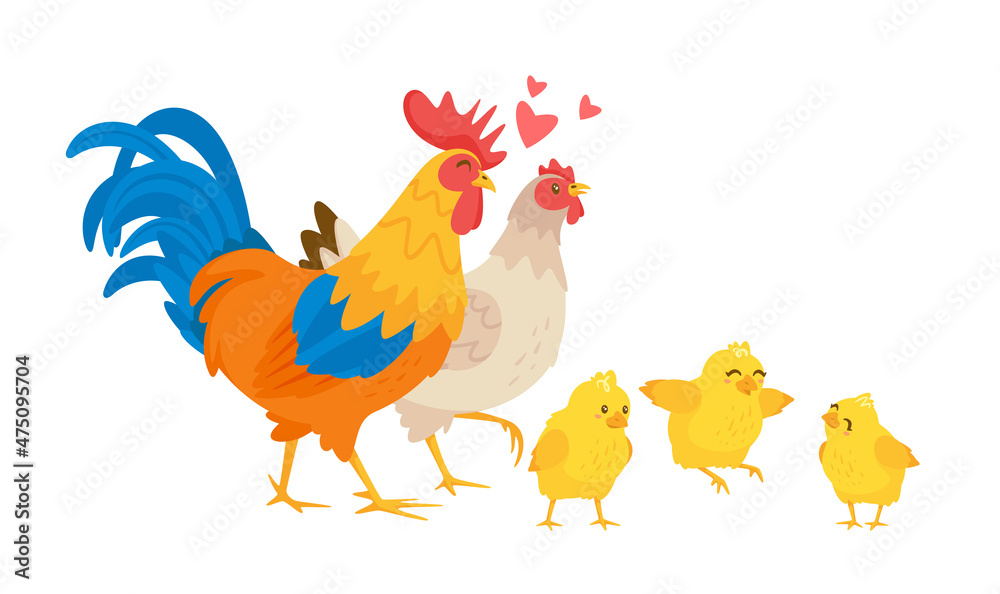 Chicken hapy famyily. Chick, rooster and chickens