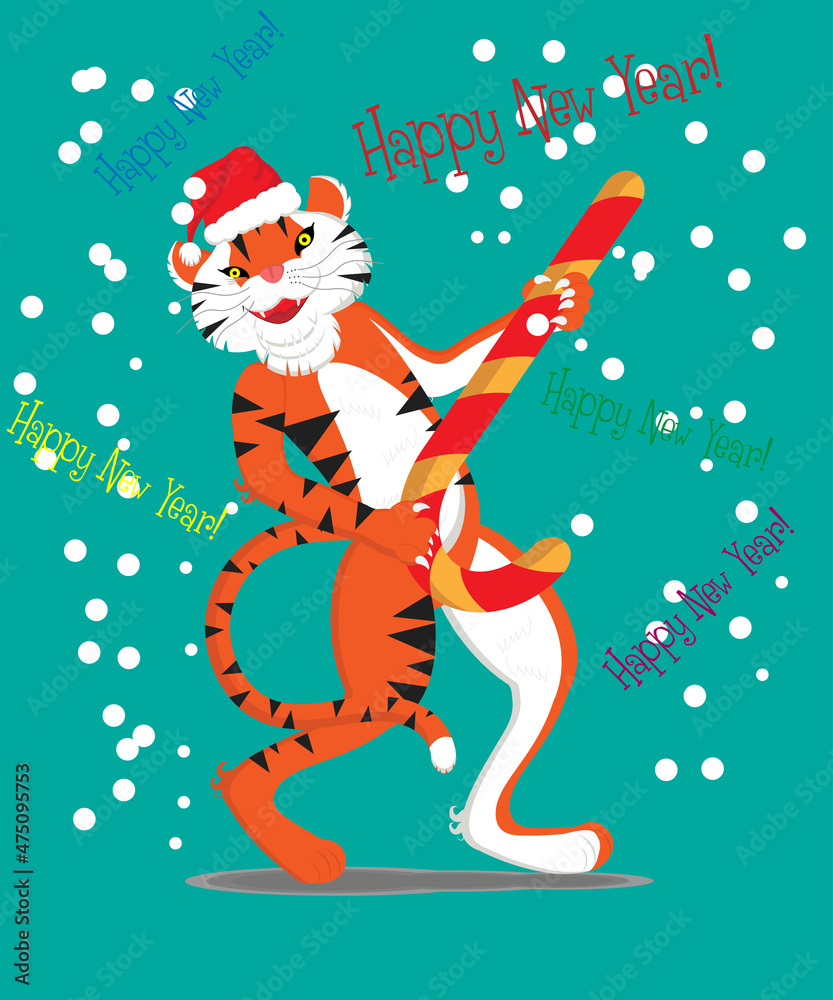 New Year. A cheerful tiger with a caramel cane.