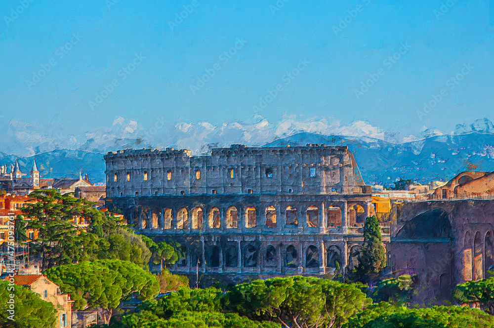 Colosseum Italy landmark ancient building travel destination watercolor painting illustration