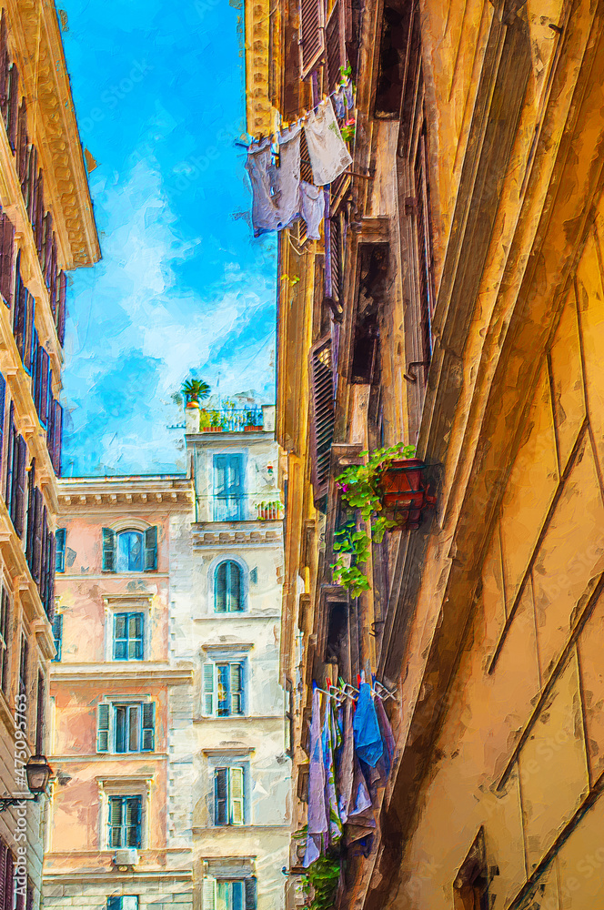 Rome streets. Laundry is drying outside windows  Rome, Italy