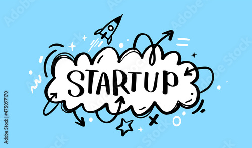 Vector illustration of cloud with word stratup and space ship. Business abstract decorative blue color background. Doodle line art style design with word stratup