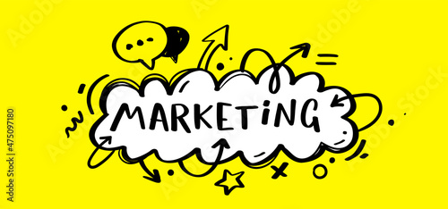 Vector business abstract illustration of cloud with word marketing and arrow on yellow color background. Doodle line art style design with word marketing and speech bubble